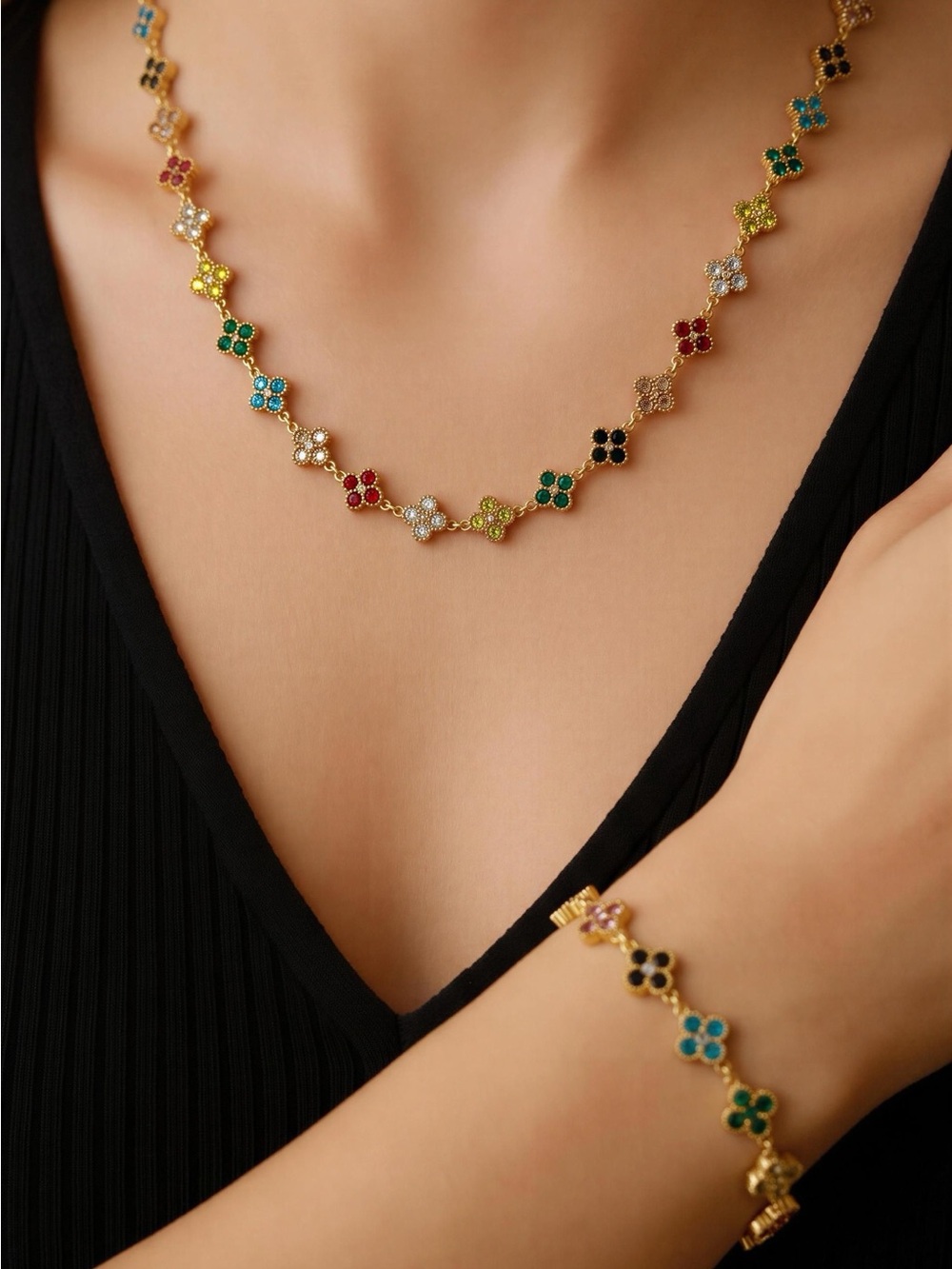 Gold Multicolor Clover Necklace by